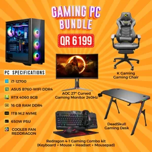 Gaming PC :  i7-12700, 16GB RAM, AOC 27" Curved Gaming Monitor (240Hz), Redragon 4-in-1 Gaming Combo Kit, K Gaming Chair, DeadSkull Gaming Desk