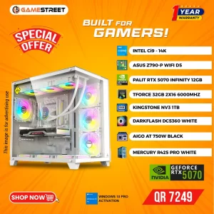 Premium White Gaming PC – Intel i9 14K | RTX 5070 Infinity | 32GB DDR5 | 1TB SSD