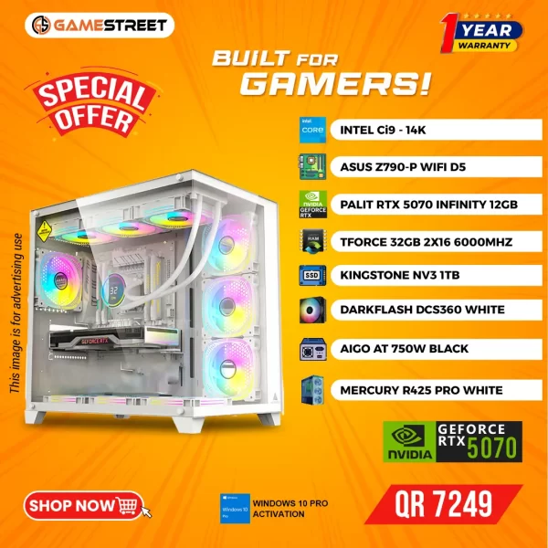 Premium White Gaming PC – Intel i9 14K | RTX 5070 Infinity | 32GB DDR5 | 1TB SSD