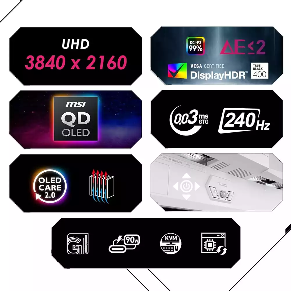 MSI MPG 321URXW Gaming Monitor, 32" QD-OLED Display, 4K UHD Resolution, 240Hz Refresh Rate, 0.03ms