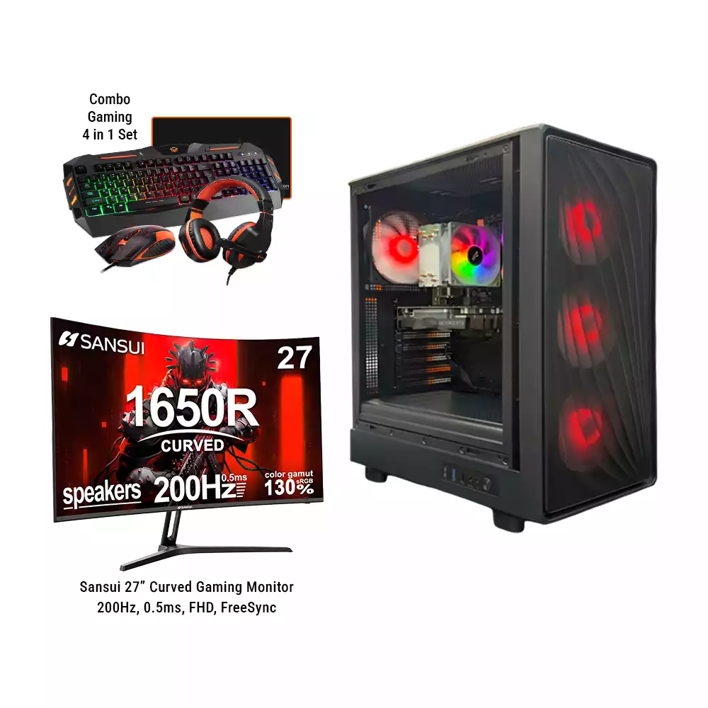 Gaming PC Bundle – Intel i5 12th Gen, RTX 3050 6GB, 16GB RAM + 27” Curved 200Hz Monitor (Full Set)