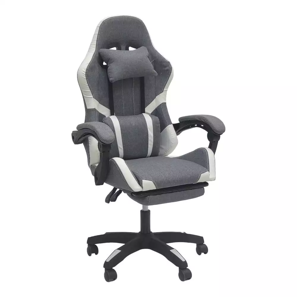 Fabric Gaming Chair with Footrest & Lumbar Support (Grey White)