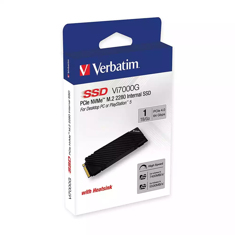 Verbatim Vi7000G NVMe M.2 Internal SSD, Internal SSD Drive with 1TB Data Storage and PCIe Gen 4 Interface, Solid State Drive for Gaming PC and Playstation 5, Black